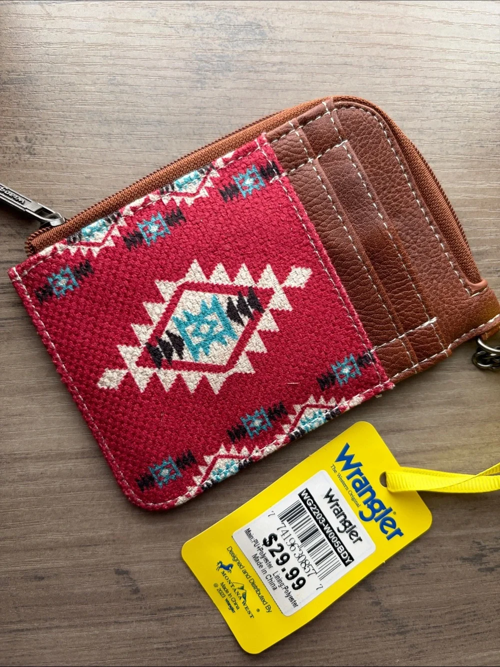 NWT Wrangler Red and Brown Southwestern Mini Zip Card Wallet
